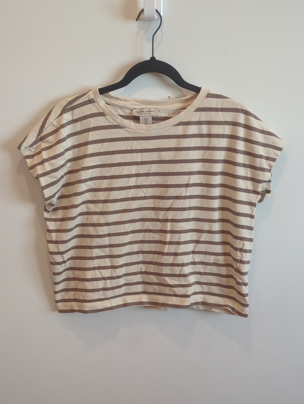 Coastal Nautical Preppy Boxy Crop Breton Stripe Short Sleeve Tan Cream Sz Large